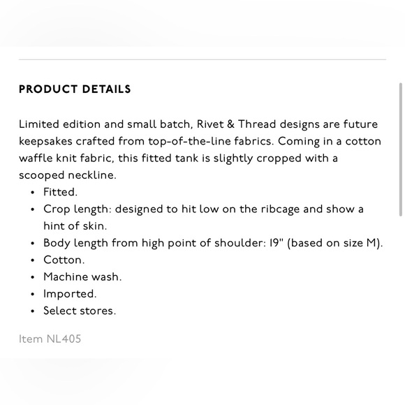 NWT limited edition Rivet and Thread cropped waffle knit fitted tank size L - Picture 5 of 9